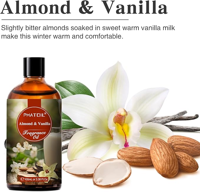 PHATOIL 3.38FL.OZ Almond Vanilla Fragrance Oils for Aromatherapy, Essential Oils for Diffusers for Home, Perfect for Diffuser, Yoga, Skin Care, DIY Candle and Soap Making - 100ml | Long Lasting Scented Oils For Humidifier, Air Freshener, DIY Soap Candl...