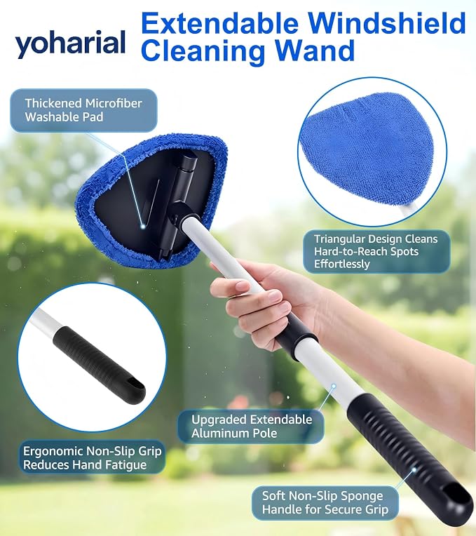 Telescopic Windshield Cleaner Microfiber Car Glass Brush Kit | 180° Rotatable Triangular Head, Scratch-Free Microfiber Pads, Extendable Pole For Hard-To-Reach Glass Areas