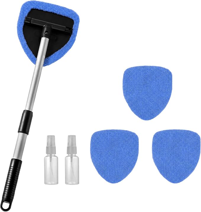 Telescopic Windshield Cleaner Microfiber Car Glass Brush Kit | 180° Rotatable Triangular Head, Scratch-Free Microfiber Pads, Extendable Pole For Hard-To-Reach Glass Areas