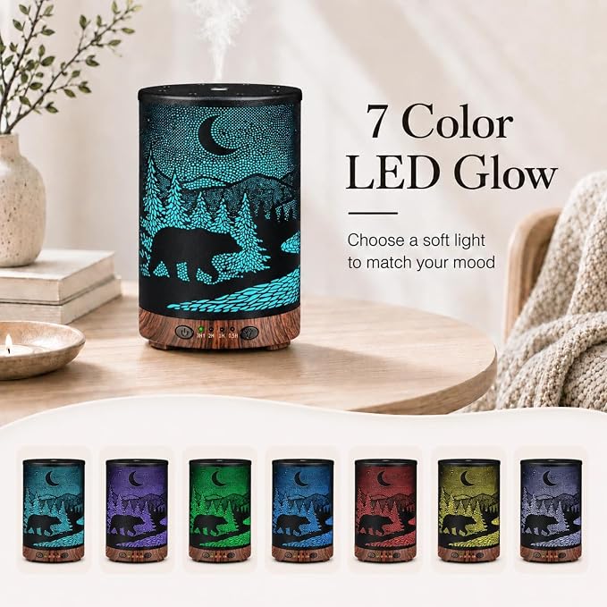 Essential Oil Diffuser 120ML Metal Aromatherapy Diffuser with Timer, Cool Mist Humidifier with Auto Shut-Off & 7 Color Lights for Home Office Spa(Wild Bear)