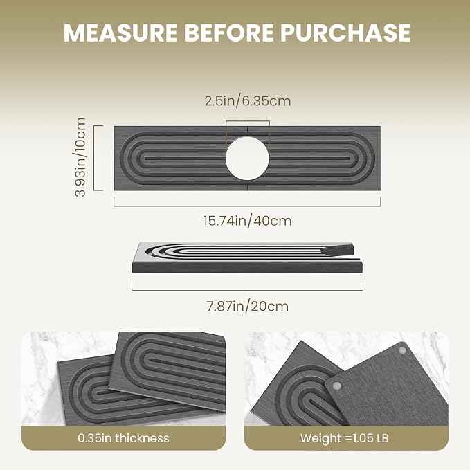 Premium Diatomite Stone Drying Mat for Kitchen Counter, Faucet Mat for Kitchen Sink, Sink Protector & Splash Guard, Quick-Dry Kitchen Sink Mat,Super Absorbent (Gray, 15.8"x4")
