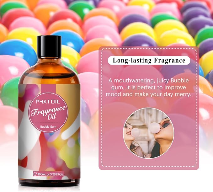 PHATOIL Bubble Gum Fragrance Oil for Diffuser Aromatherapy 3.38FL.OZ | Long Lasting Scented Oils For Humidifier, Air Freshener, DIY Soap Candle, Scent Project Making, Aroma Oil for Home Freshening