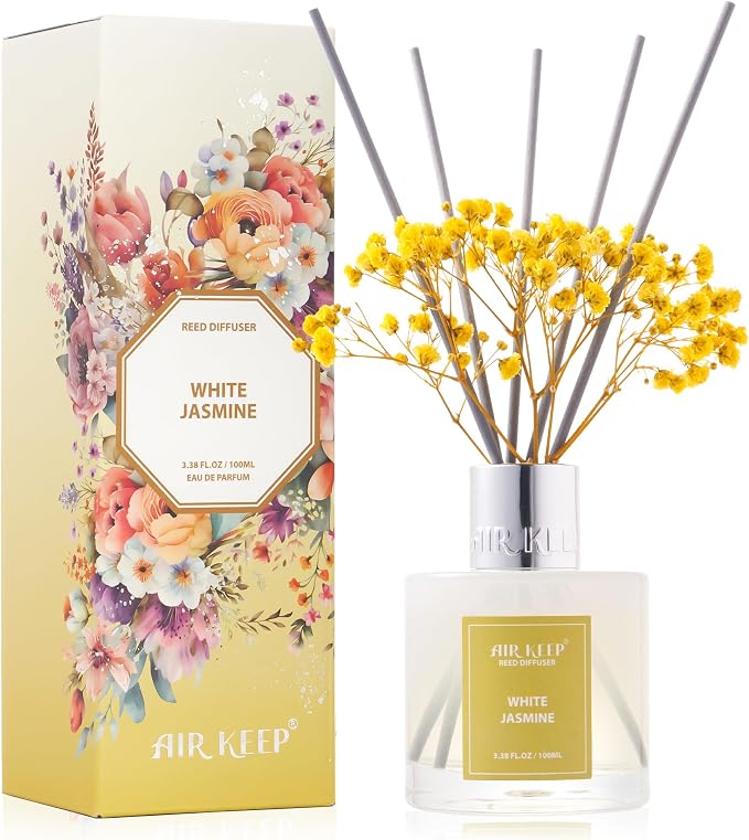 Reed Diffuser Set,3.38 fl oz (100 ml) - White Jasmine Oil Diffusers with 8 Reed Sticks, Home Fragrance Reed Diffuser for Bathroom Shelf Decor