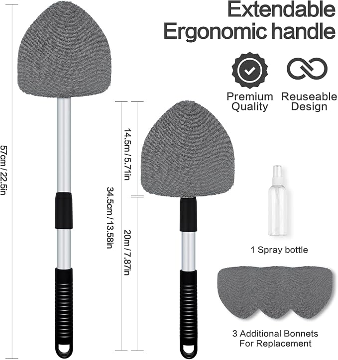 Windshield Cleaner Tool 22.5" L - Car Interior&Exterior Window Cleaning Kit with Extendable Handle&4 Microfiber Pads and Thick Large Wash Sponge, Auto Glass Wiper Brush Kit for Cars Home (7pcs Grey)