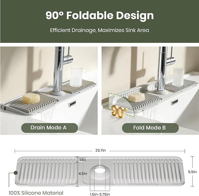 2PCS 24 Inch Faucet Mat for Kitchen Sink, Silicone Splash Guard for Kitchen Sink Area, 7° Slope Fast Self-Draining Sink Mat, Cuttable Hole Design, Sink Backsplash Guard Draining Mat, Light Grey