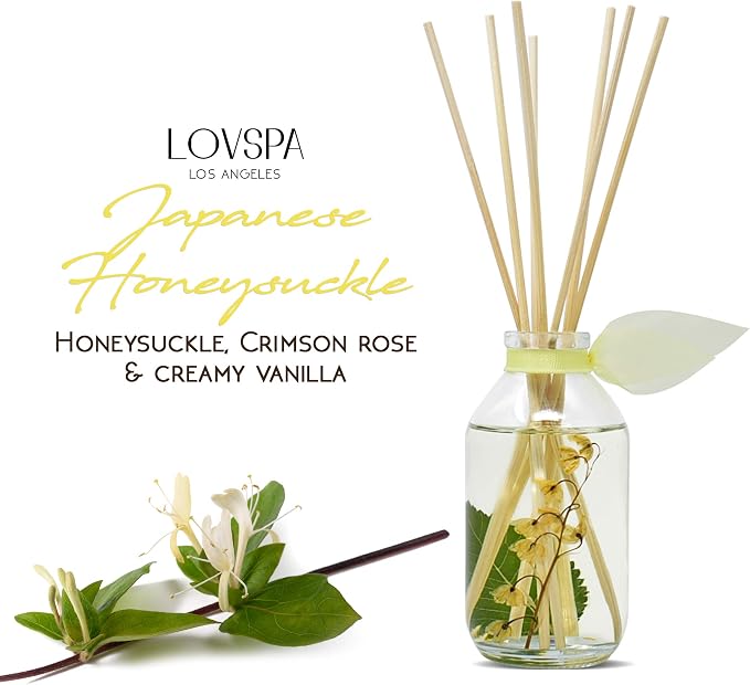 Reed Diffuser Set - Japanese Honeysuckle Scented Diffuser with Sticks | Home Fragrance Reed Diffuser for Bedroom, Bathroom Shelf Décor, with Real Florals in the Bottle - Made in the USA