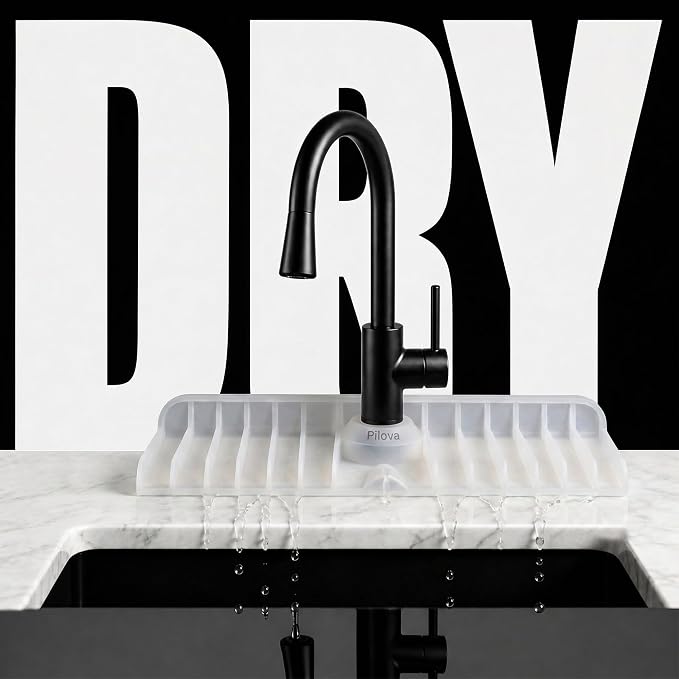 Premium Kitchen Sink Splash Guard – 16" x 5.7" Silicone Faucet Mat with Secure Pressure Clip, True 10° 3D Drainage(No Pooling), Anti-Lift Design, Flexible Leak-Sealing Ring, Non-Slip Fit Behind Faucet