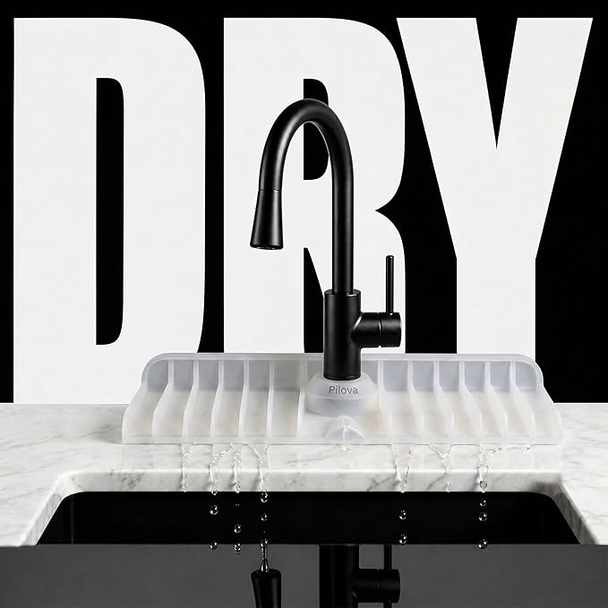 Premium Kitchen Sink Splash Guard – 18" x 5.7" Silicone Faucet Mat with Secure Pressure Clip, True 10° 3D Drainage(No Pooling), Anti-Lift Design, Flexible Leak-Sealing Ring, Non-Slip Fit Behind Faucet