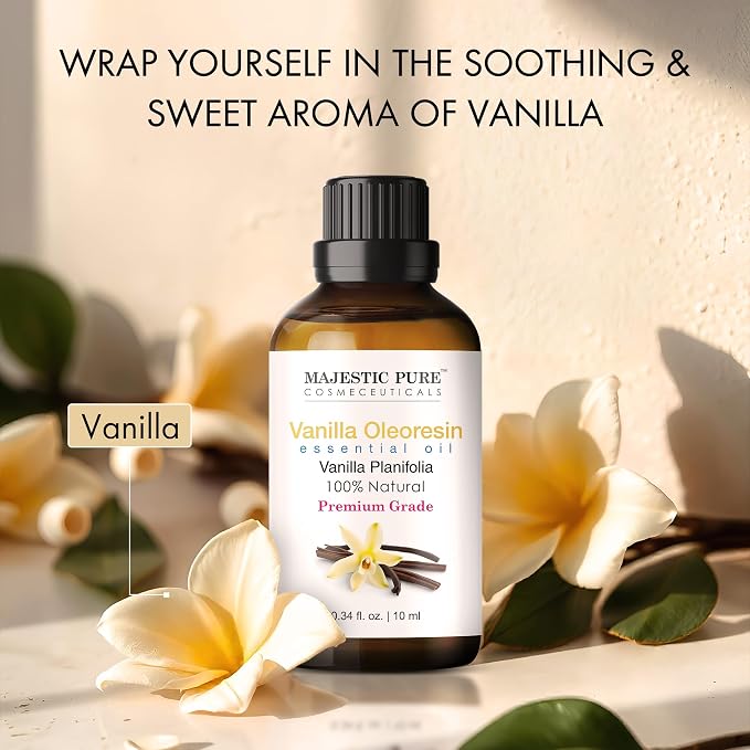 Majestic Pure Vanilla Essential Oil for Diffuser - 0.3 Fl Oz | 100% Natural Essentials Oils for Aromatherapy, Massage, Steam inhalation, Air Freshing, Soap and Candle Making
