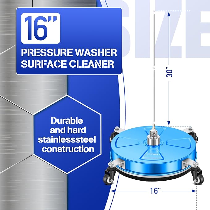LidoDola 16'' Pressure Washer Surface Cleaner Blue, Power Washer Accessory | Stainless Steel Housing with 4 Wheels, 1/4" QC, 2 Extension Wands & 2 Replacement Nozzles, for Gas & Electric Pressure Washer