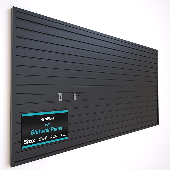 NeatiEase Slatwall Panel Wall Storage Systems, 4 x 8ft Slat Wall Paneling Garage Wall Organizer, Heavy Duty Wall Mounted PVC Wall Rack (Black)