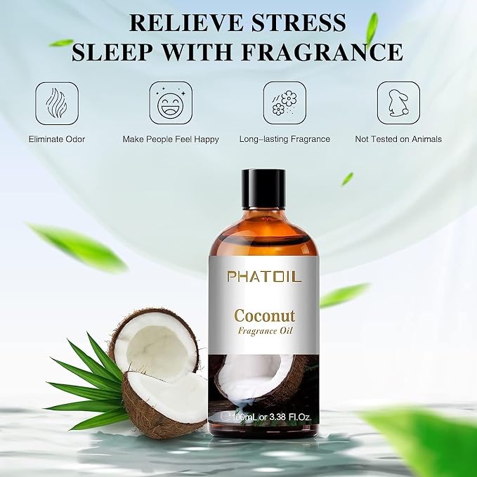 PHATOIL Coconut Fragrance Oil for Diffuser Aromatherapy 3.38FL.OZ | Long Lasting Scented Oils For Humidifier, Air Freshener, DIY Soap Candle, Scent Project Making, Aroma Oil for Home Freshening