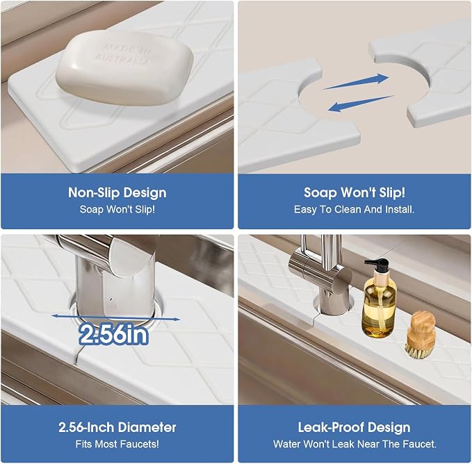 Stone Faucet Mat for Kitchen Sink, Diatomite Drying Stone Tray Sink Protector, Water-Absorbing Splash Guard, 2 Pieces Faucet Mat Together with Sandpaper, Prevent Moisture on Kitchen Bathroom Counter