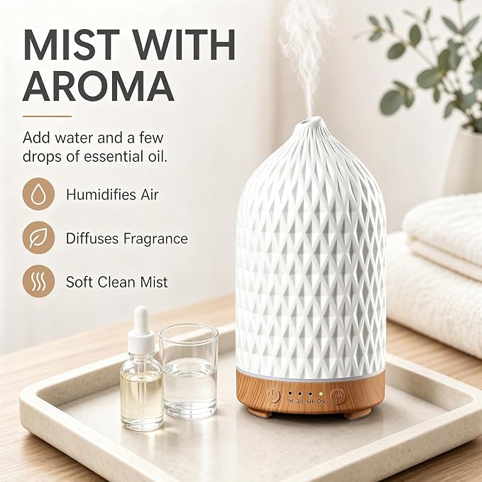 200ML Ceramic Essential Oil Diffuser for Home, Stone Diffuser | Ultrasonic Aromatherapy Diffuser & Air Humidifier for Bedroom, Office, Yoga, 7 LED Lights, Auto Shut-Off, 3 Timers, Rhombus