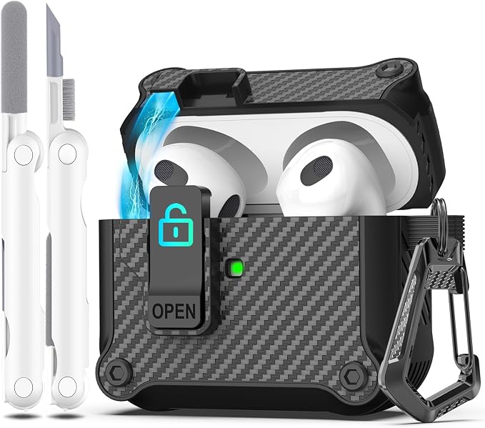 R-FUN for AirPods 3 Case Cover with Lock Magnetic Lid, Black | Compatible with Apple AirPods 3rd Generation (2019) Case with Cleaner Kit & Carabiner, Powerful Drop Protection