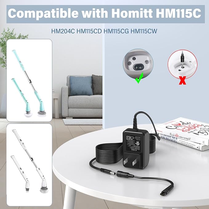9V Scrubber Charger Fit for Homitt HM115C Electric Spin Scrubber | Power Cord AC Adapter Fit for Homitt Cordless Bathroom Scrubber HM204C HM115CD HM115CG HM115CW Cleaning Brush, 2 Prong