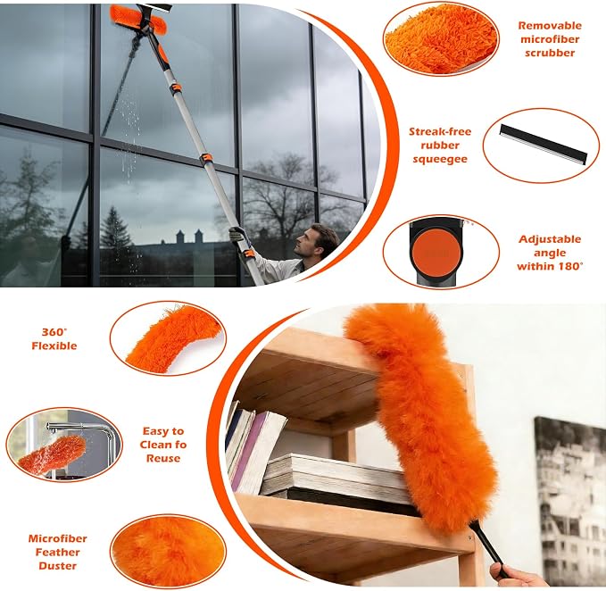 25FT Reach High Ceiling Duster Kits with 5-20FT Adjustable Pole - Includes Extra Long Duster, High Ceiling Duster, Rotatable Window Squeegee & Cobweb Duster for Ceiling Fans and Whole House Cleaning