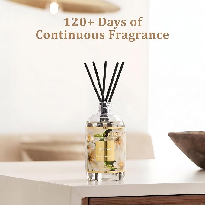 Reed Diffuser Refill Gardenia 10.14oz (300ml) with 8 Sticks - Premium Long-Lasting Floral Essential Oil, Home Fragrance for Bedroom, Bathroom Home Decor