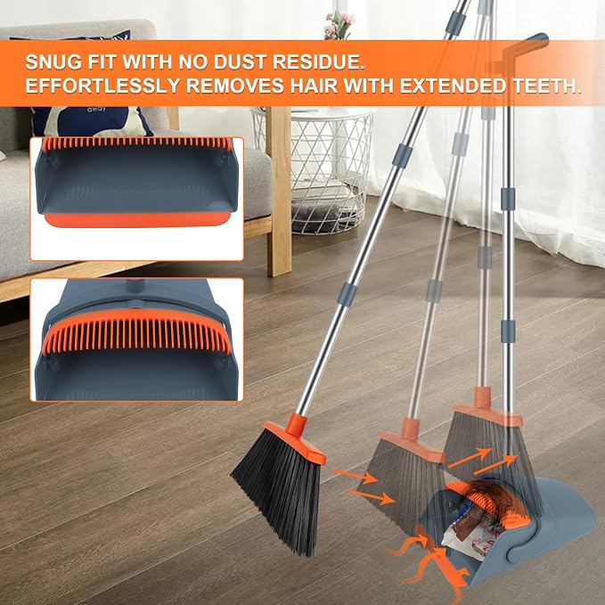 Broom and Dustpan Combo Set, 52" Long Handle with Squeegee & Mini Set | Orange Complete Cleaning Kit, Floor Squeegee for Wet & Dry Messes, Built-in Comb Dustpan, Mini Broom Set，for Home & Pet Areas