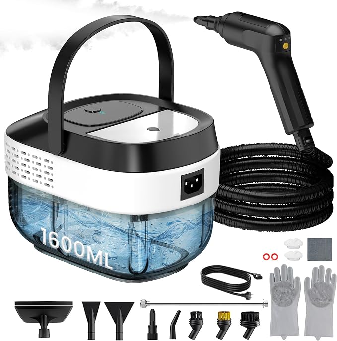 Granarbol Steam Cleaner, 2500W 1.6L Handheld Steamer for Home Car Cleaning | 10s Heat-up, 19pcs Accessories, 3 Levels, Chemical-free Cleaning for Kitchen, Floor, Bathroom, Car Interior, Black & White