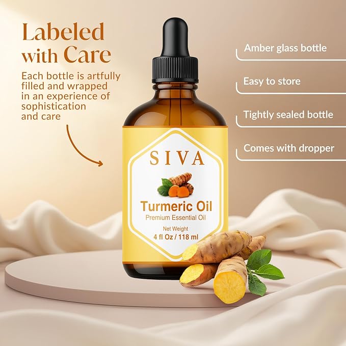 Siva Turmeric Essential Oil, Glass Bottle with Dropper, 4 Fl Oz (118 ml) | Turmeric Oil for Skin Care, Face Care, Hair Care, Body Massage, Diffuser, Soap Making, Candle Making, Blending & DIY Projects