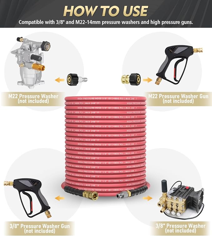 3/8" 4800PSI Pressure Washer Hose 100FT with 360° Swivel Quick Connect, Flexible & Kink Resistant Steel Wire Braided & Durable for Hot/Cold Water, High Power Washer Hose With M22 14mm Adapter