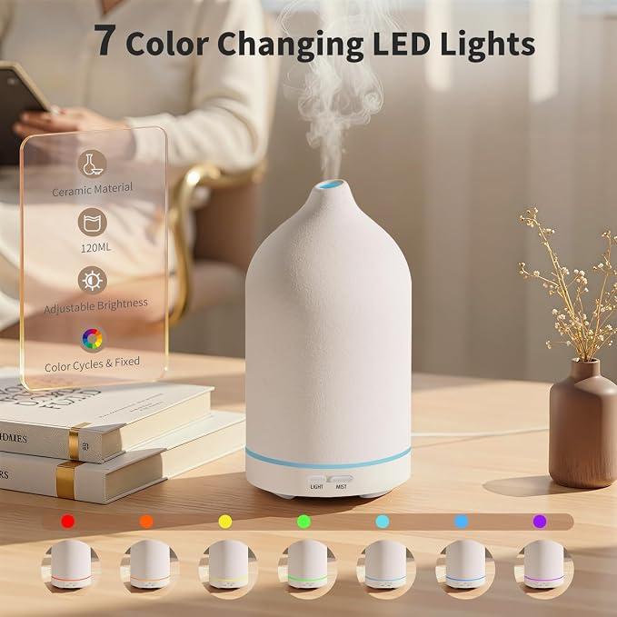 URPOWER 120mL Ceramic Essential Oil Diffuser with Quiet Mist & Auto-Off | Ultrasonic Mist with 2 Mist Modes and 7-Color LED Lighting for Bedrooms, Offices and Daily Aromatherapy
