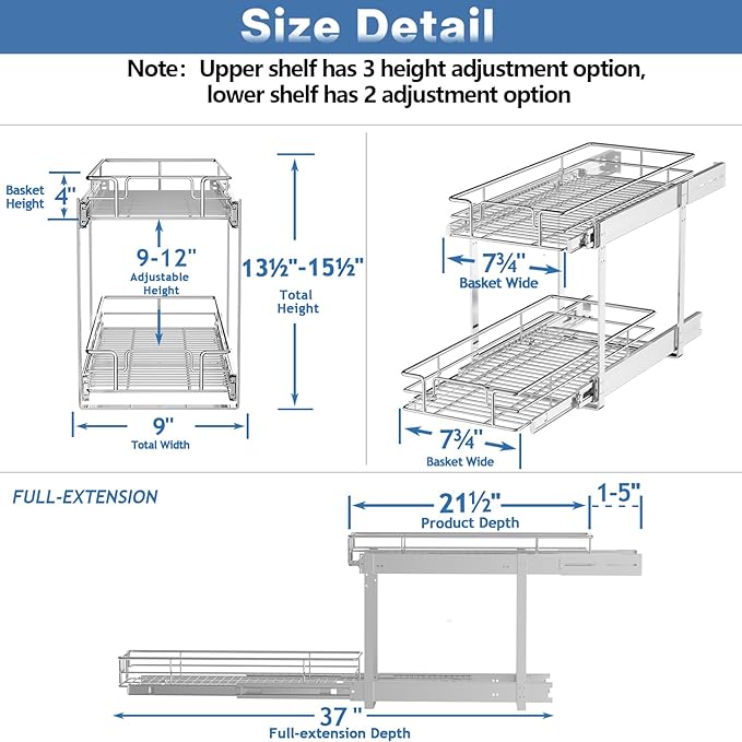 2 Tier Individual Pull Out Cabinet Organizer 9" W x 21½" D, Heavy Duty Cabinet Pull Out Shelves, Slide Out Drawers Organization for Kitchen Cabinets Bathroom