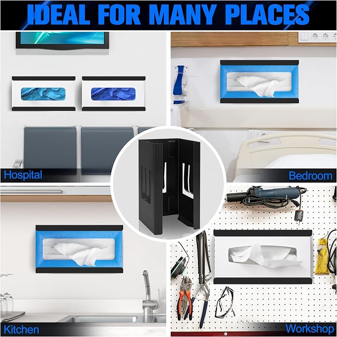 Magnetic Glove Dispenser 2 Pack - Heavy Duty Wall Mount & Fridge Organizer for Gloves, Paper Towels, Wipes - Tool-Free Installation for Kitchen, Garage, Workshop, Office - Black (Black Steel)