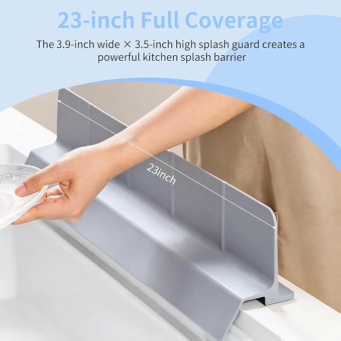 Silicone kitchen sink splash guard -Extra Large self draining bathroom/island splash guard（23 * 3.5 * 3.9 inch ）,7 suction cups for anti slip and strong stability, durable and easy to clean (gray)