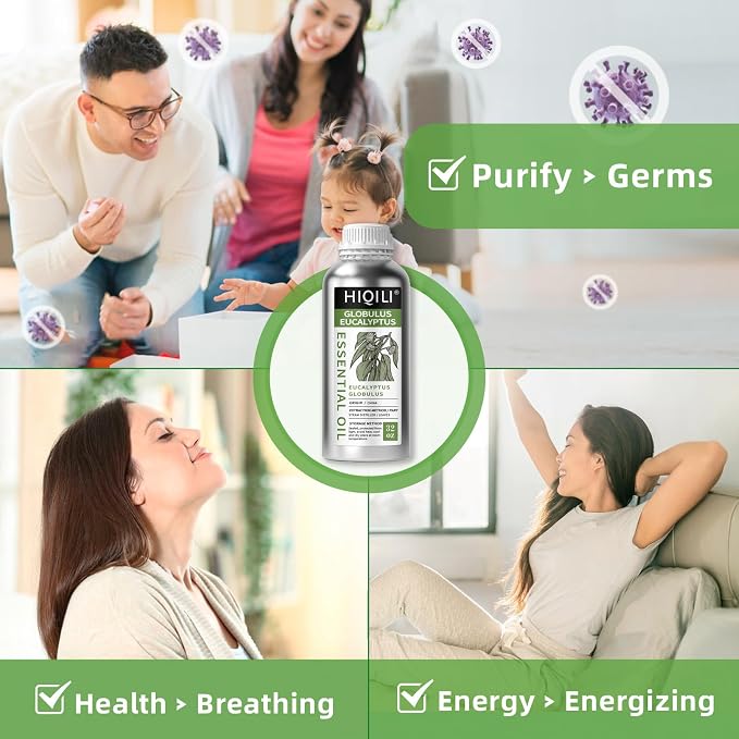 HIQILI Eucalyptus Essential Oil for Spray, Diffuser & Skin | with Four Travel Vials, Massage and DIY Creations, Diffuse for a Clear Surrounding —1000ml / 32 fl oz