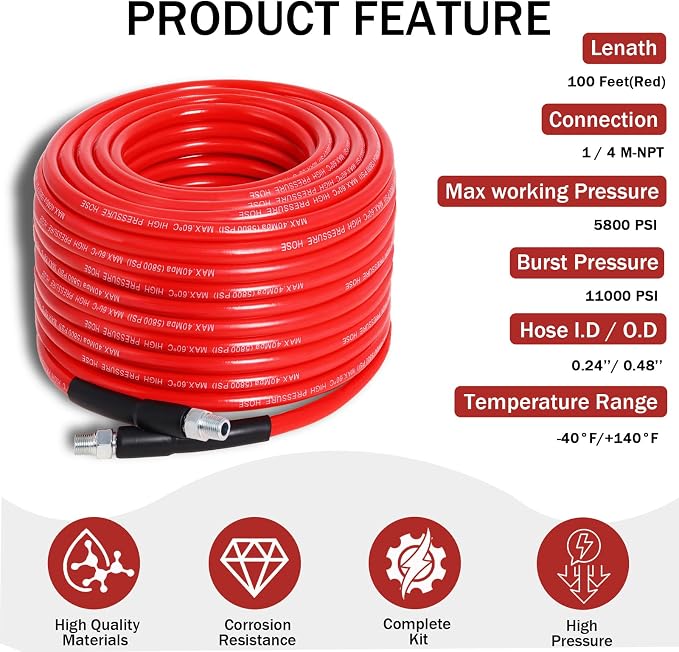 100FT Sewer Jetter Kit for Pressure Washer 5800PSI Drain Cleaner | 1/4" NPT Hose with 5 Jetting Nozzles Waterproof Tape and Spanners for Pressure Washer Drain Cleaning