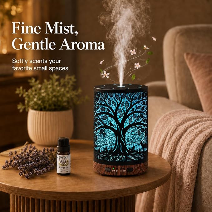 Essential Oil Diffuser, 120 ml Aromatherapy Diffuser with 7 Color Lights, Auto Shut-Off and 4 Timer Settings, Ultrasonic Cool Mist Diffuser for Home Room Office (Harvest Tree)