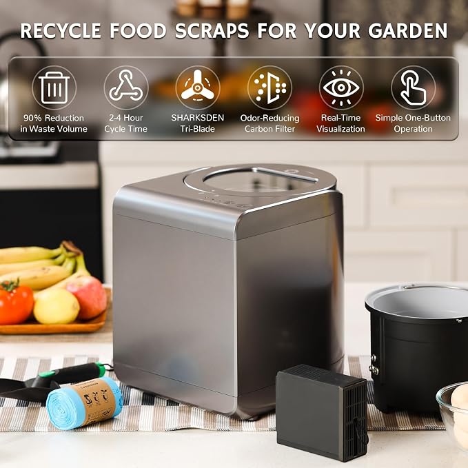 Airthereal R500-V Electric Composter, Visual Glass Cover, 2.5L, Gray | Visual Glass Cover, Upgraded SHARKSDEN Tri-blade, 90% Reduction in Waste Volume
