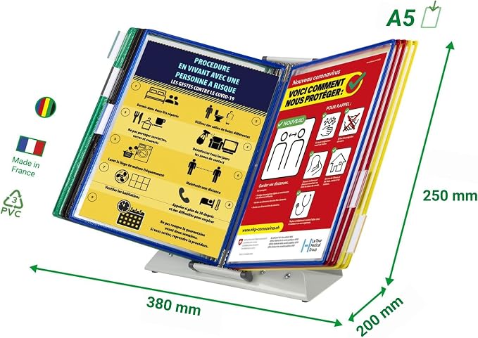 Tarifold Desktop Reference Display System, 10 Pockets, Assorted Colors | 10 double-sided PVC pockets hold 20 letter-size sheets, sturdy metal base, quick-find indexing, easy to assemble