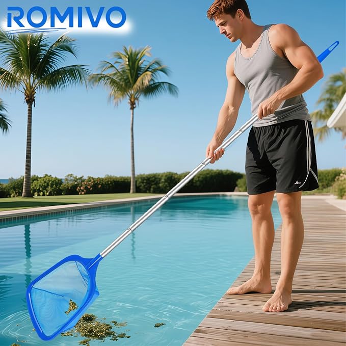 Pool Skimmer Net with Telescopic Pole – Fine Mesh for Leaves, Dust, Debris – Lightweight Safe-Edge Extendable 2.6–5.7 ft Aluminum Handle for Pools, Spas, Hot Tubs, Ponds & Garden Water