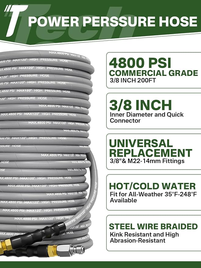 3/8" 4800PSI Pressure Washer Hose 25FT with Swivel Quick Connect for Cold/Hot Water Max 248°F, Kink Resistant Steel Wire Braided, Wear Resistant Power Washer Hose with M22 14mm Adapter