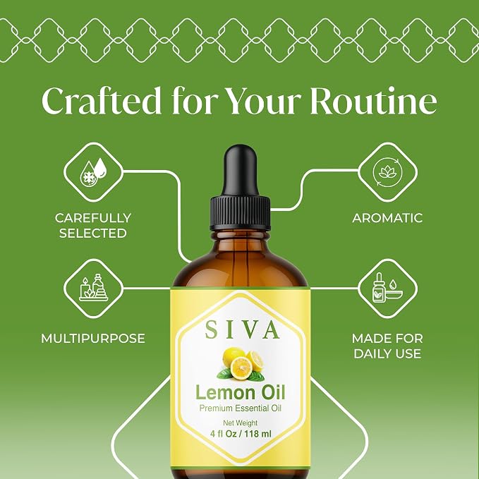Siva Lemon Essential Oil, Glass Bottle with Dropper, 4 Fl Oz (118 ml) | Lemon Oil for Diffuser, Humidifier, Home Fragrance, Cleaning Blends, Soap Making, Candle Making, Bath Salts & DIY Projects