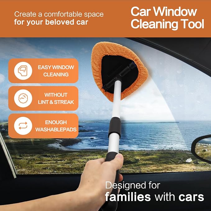 Windshield Cleaner Tool 22.5" L - Car Interior&Exterior Window Cleaning Kit with Extendable Handle&4 Microfiber Pads and Thick Large Wash Sponge,Auto Glass Wiper Brush Kit for Cars Home (7pcs Orange)