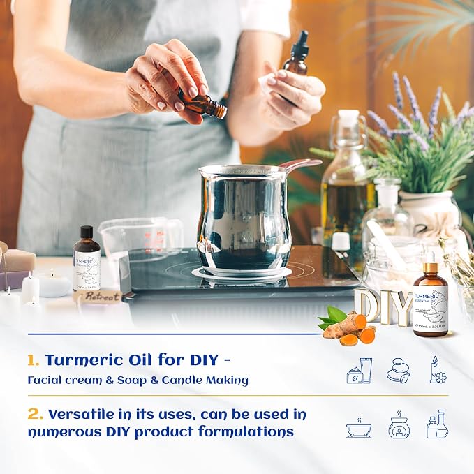 HIQILI Turmeric Oil for Face, Skin Care & Aromatherapy | With 10ml Travel Bottle, Dilute with Carrier Oil for Body & Scalp Massage, Ideal for DIY Crafts –100mL / 3.38 fl oz