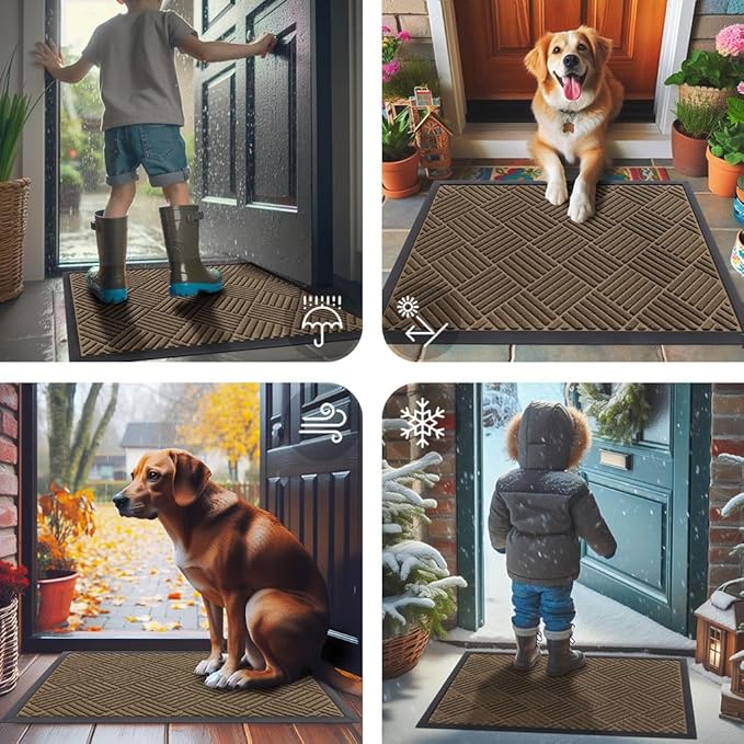 Smiry Front Door Mat Outside Entrance, Heavy Duty Outdoor Indoor Natural Rubber Doormat, Non Slip, Trap Dirt and Moisture, Easy Clean, Low Profile Patio Porch Entryway Mat, 59x20, Brown