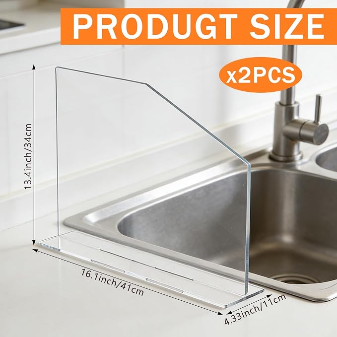 2 PCS Acrylic Sink Splash Guard Clear Splash Guard for Kitchen Sink Area 16.14 * 13.38 Inch Clear Freestanding Panel Barrier with Base