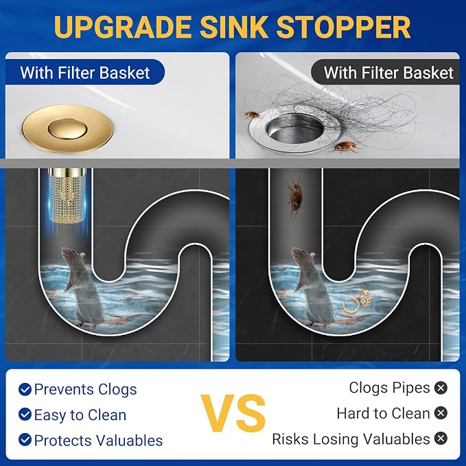 Bathroom Sink Drain Strainer, Pop-Up Bathroom Sink Stopper with Removable Stainless Steel Hair Catcher Basket, Universal Fit for US Bathroom Sinks, Showers & Floor Drains (1pcs-Gold)