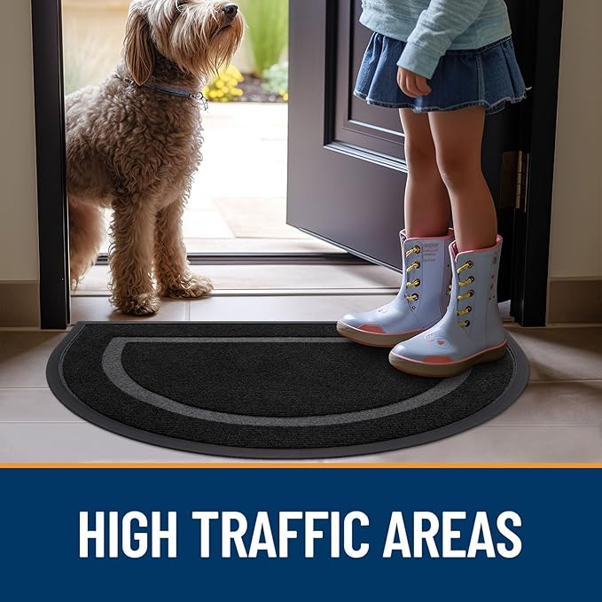 OLANLY Half Circle Door Mat Indoor Outdoor Entrance Welcome, Waterproof All-Season, All-Weather Doormat, Sturdy Natural Rubber, Low Profile, Easy Clean Patio Porch Entryway Mat, 71x47, Black