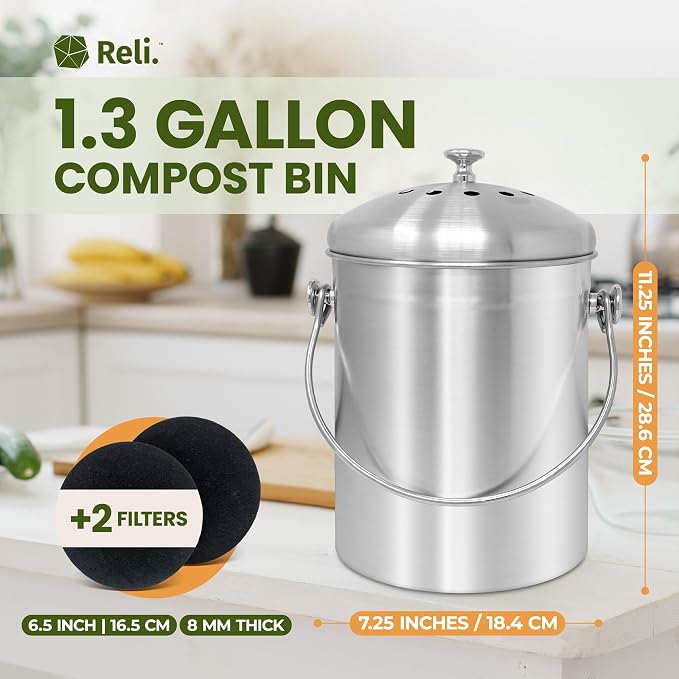Reli. 1.3 Gallon Stainless Steel Compost Bin for Kitchen | Charcoal Filters | Silver, Indoor Composting Bin with Charcoal Filters | Odorless Food Waste Countertop Bucket