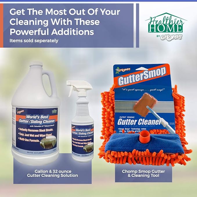 Chomp! Microfiber Gutter Cleaner Tool: Ultimate Gutter Cleaning Smop for All Types of Rain Gutters, Siding and Metal Trim - Instantly Clean Black Streaks, Mold, Mildew, Algae, Dirt and More