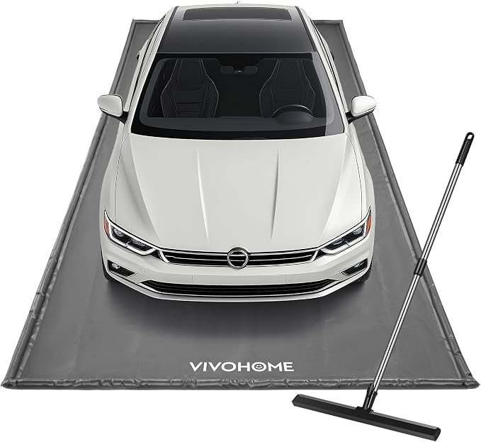VIVOHOME Containment Mat (7'9" x 18') with Stay Put Corner, Gray | PVC Garage Floor Mats, Heavy Duty Garage Parking Mat with a Squeegee