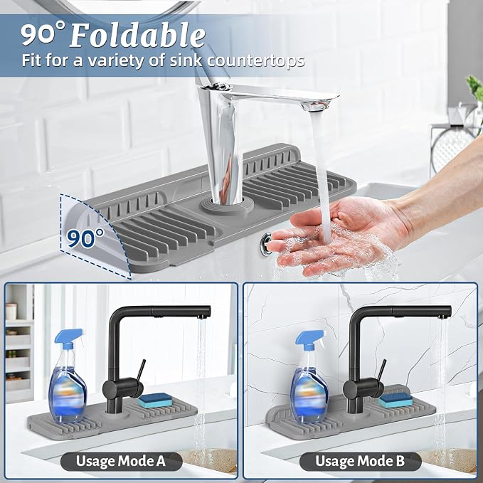 PoYang 14.6 inch Faucet Mat for Kitchen Sink Splash Guard, 7° Slope Silicone Sink Water Splash Guard for Kitchen Sink Area with Snap Button, Small Sink Protectors for kitchen Sink Sponge Holder, Grey