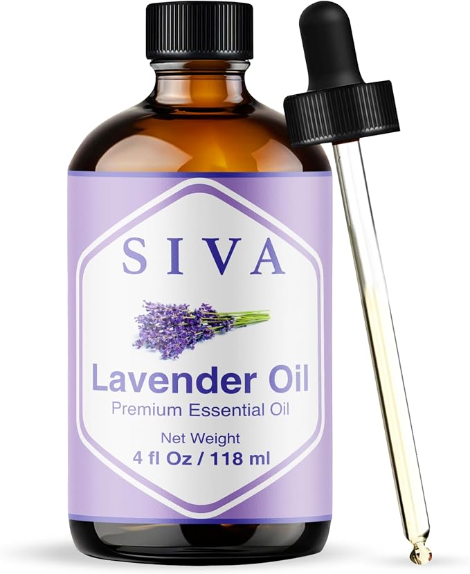 Siva Lavender Essential Oil, Glass Bottle with Dropper, 4 Fl Oz (118 ml) | Lavender Oil for Diffuser, Humidifier, Linen Spray, Skin Care, Hair Care, Body Massage, Soap, Candle, Bath Salt & DIY Blends
