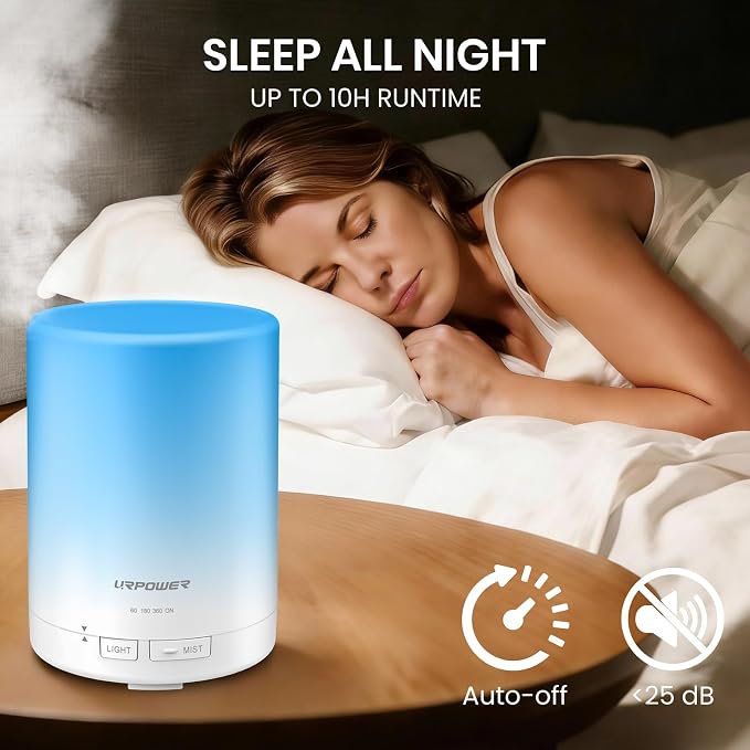 URPOWER 300mL Essential Oil Diffuser Ultrasonic Aromatherapy Diffuser | Quiet Diffuser with Auto-off Protection, 7-Color LED Light & 4 Timer Settings Humidifier for Yoga Bedroom Living Room Office